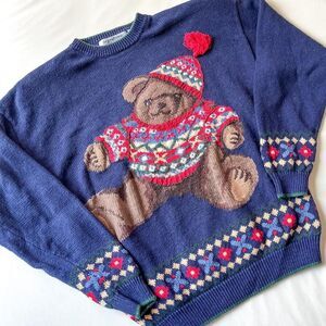 signatures by northern isles hand embroidered vintage teddy bear sweater large‎